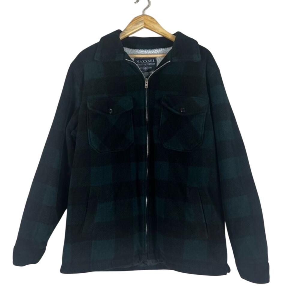 Maxxsel Jacket Mens L Black Green Buffalo Plaid Sherpa Lined Zip Winter Outdoor